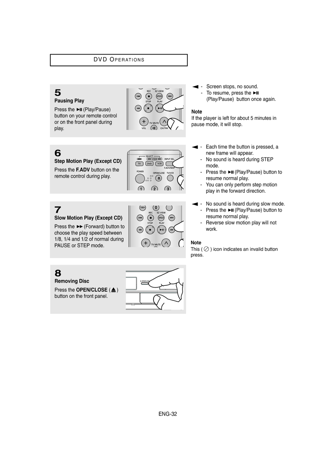 Samsung DVD-V8650 ENG-32, Pausing Play, Step Motion Play Except CD, Slow Motion Play Except CD, Removing Disc 