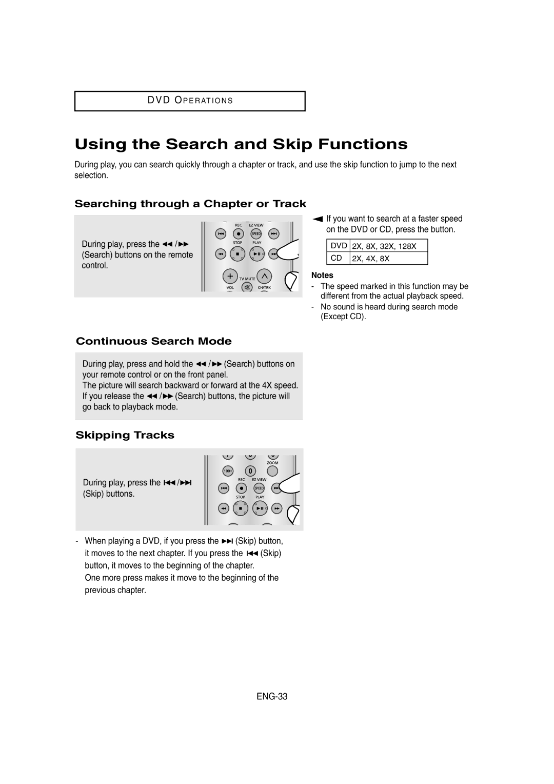 Samsung DVD-V8650 Using the Search and Skip Functions, Searching through a Chapter or Track, Continuous Search Mode 