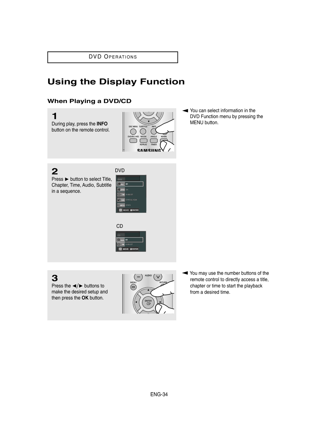 Samsung DVD-V8650 instruction manual Using the Display Function, When Playing a DVD/CD, ENG-34 