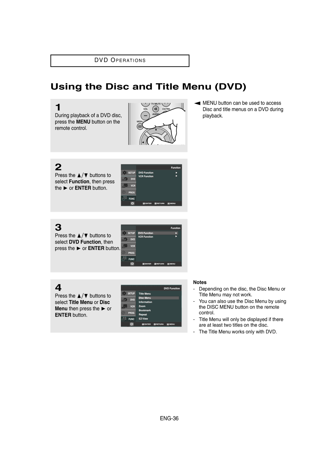 Samsung DVD-V8650 instruction manual Using the Disc and Title Menu DVD, ENG-36 