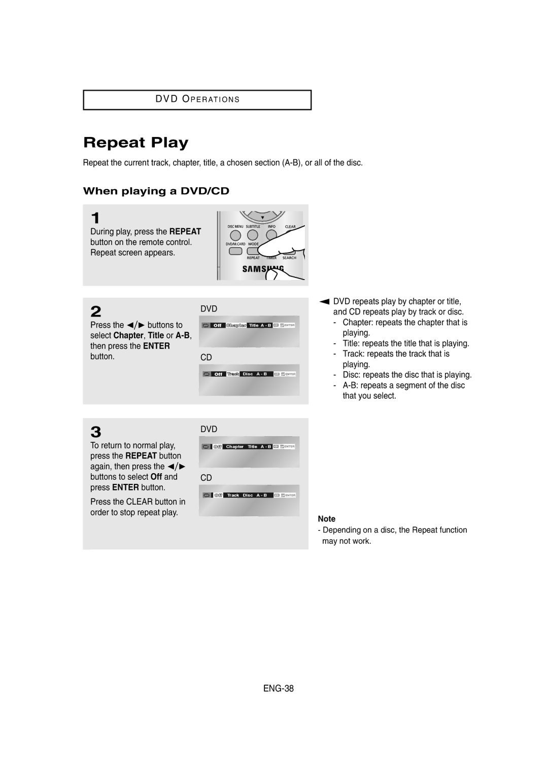 Samsung DVD-V8650 instruction manual Repeat Play, ENG-38 