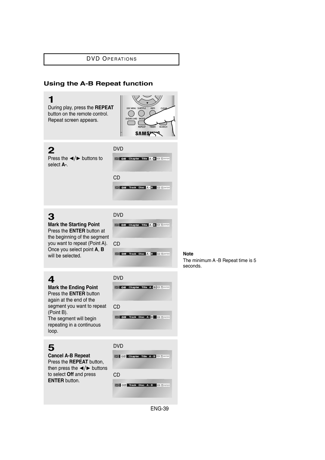 Samsung DVD-V8650 instruction manual Using the A-B Repeat function, ENG-39, Press the  buttons to select a 