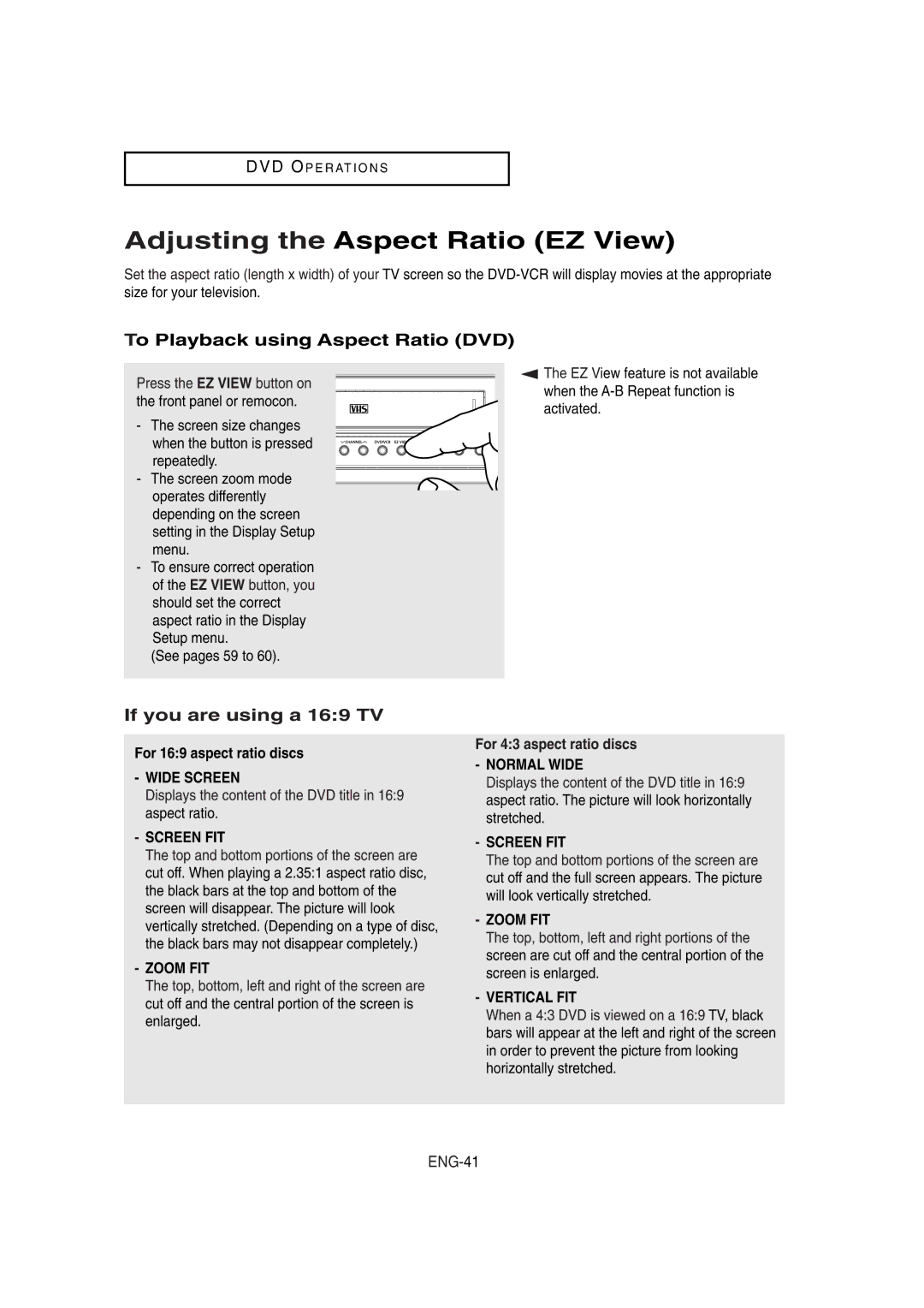 Samsung DVD-V8650 Adjusting the Aspect Ratio EZ View, To Playback using Aspect Ratio DVD, If you are using a 169 TV 