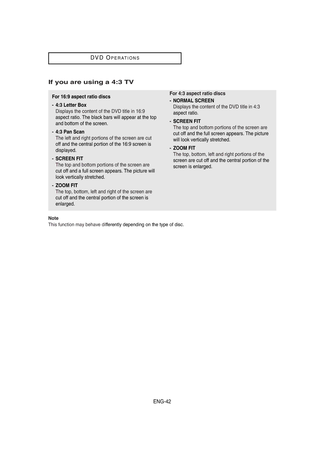 Samsung DVD-V8650 instruction manual If you are using a 43 TV, ENG-42, For 169 aspect ratio discs Letter Box, Pan Scan 