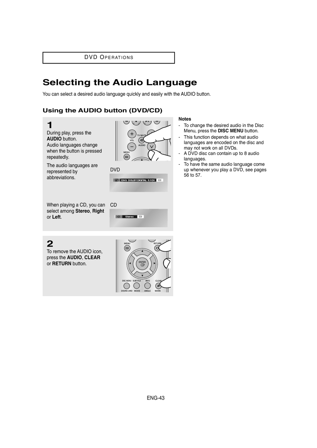 Samsung DVD-V8650 instruction manual Selecting the Audio Language, Using the Audio button DVD/CD, ENG-43 