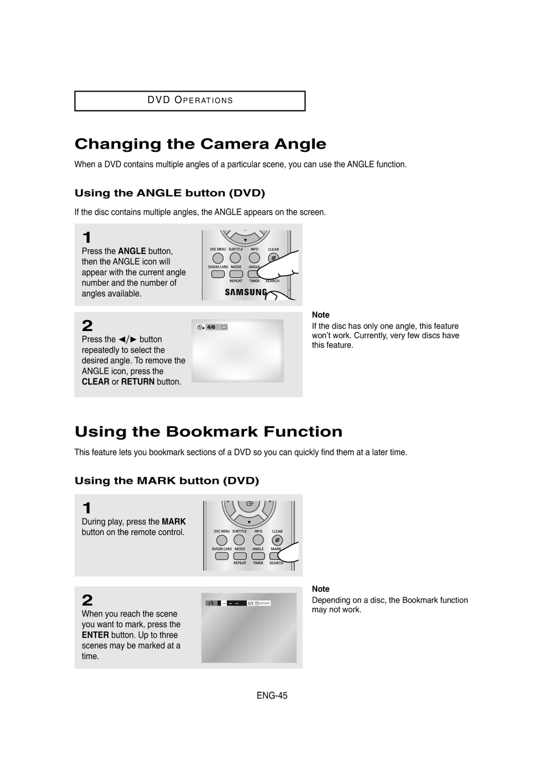 Samsung DVD-V8650 Changing the Camera Angle, Using the Bookmark Function, Using the Angle button DVD, ENG-45 