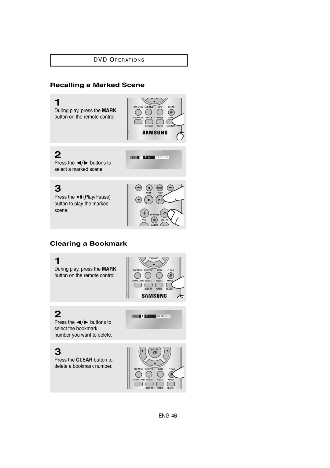 Samsung DVD-V8650 instruction manual Recalling a Marked Scene, Clearing a Bookmark, ENG-46 