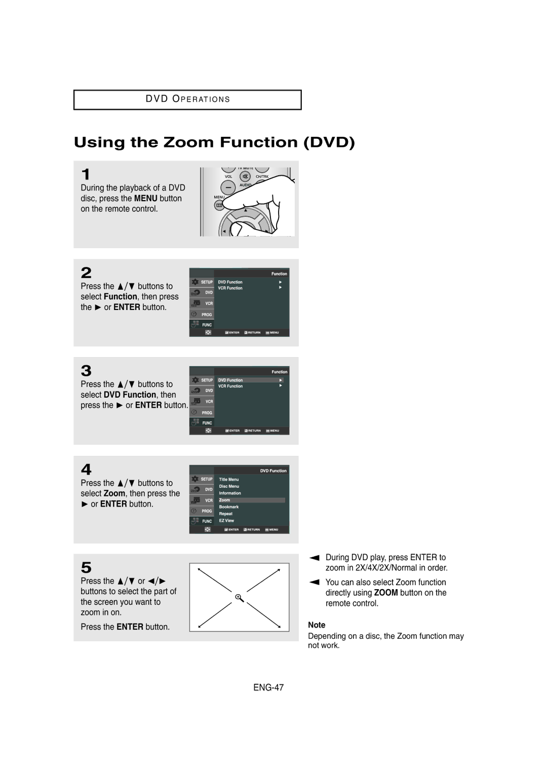 Samsung DVD-V8650 instruction manual Using the Zoom Function DVD, ENG-47, Press the  or Enter button 