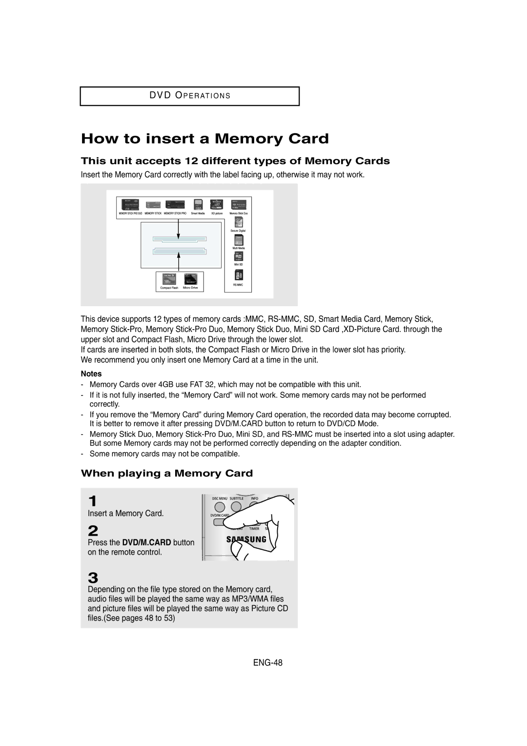 Samsung DVD-V8650 How to insert a Memory Card, This unit accepts 12 different types of Memory Cards, ENG-48 