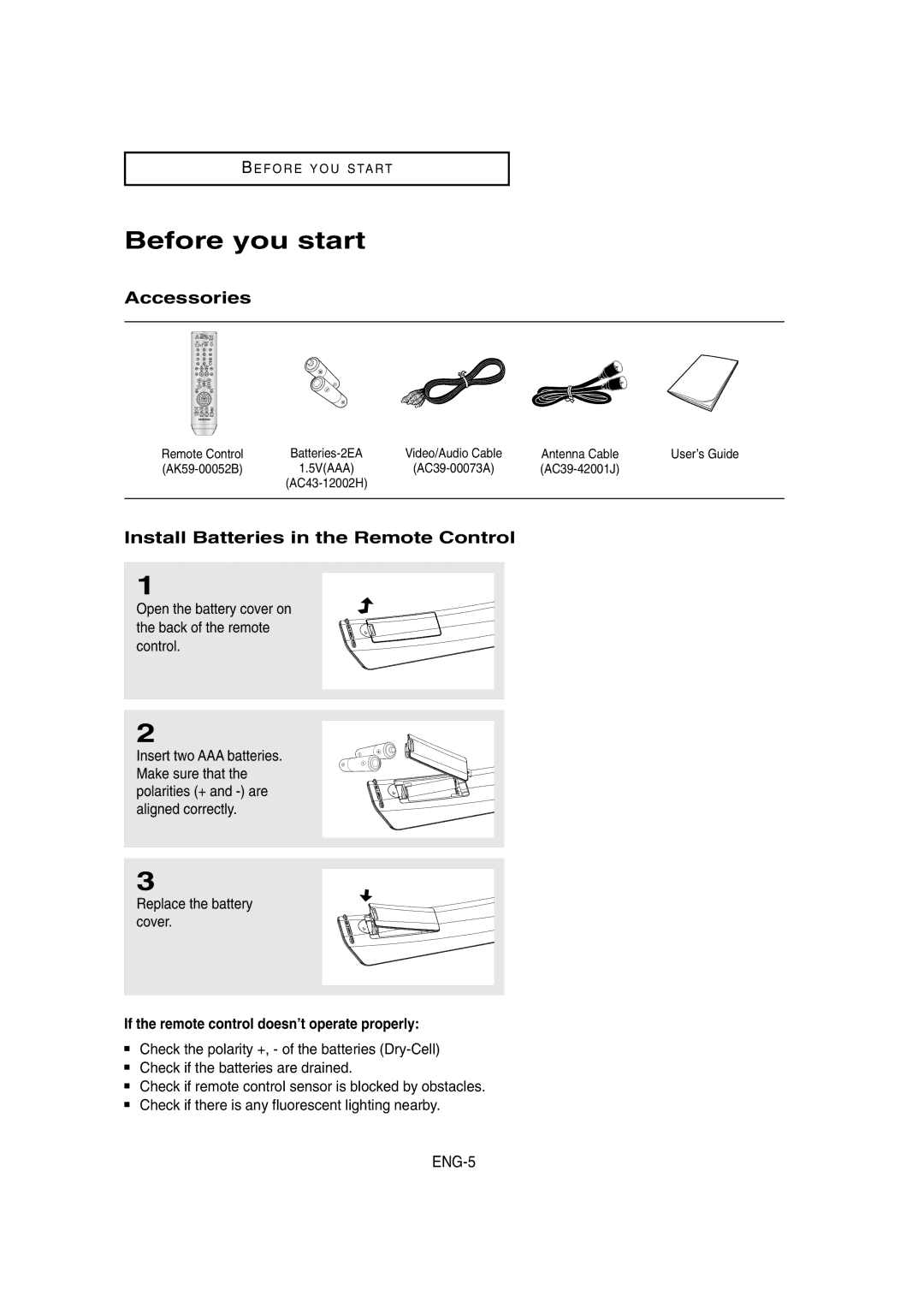 Samsung DVD-V8650 instruction manual Before you start, Accessories, Install Batteries in the Remote Control 