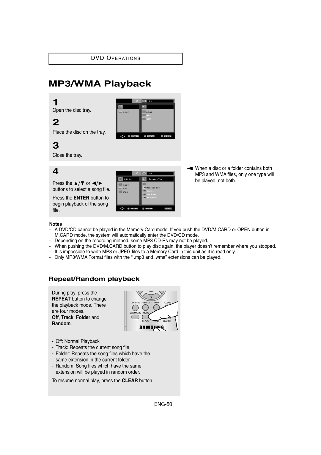 Samsung DVD-V8650 instruction manual MP3/WMA Playback, Repeat/Random playback, ENG-50, Off, Track, Folder Random 