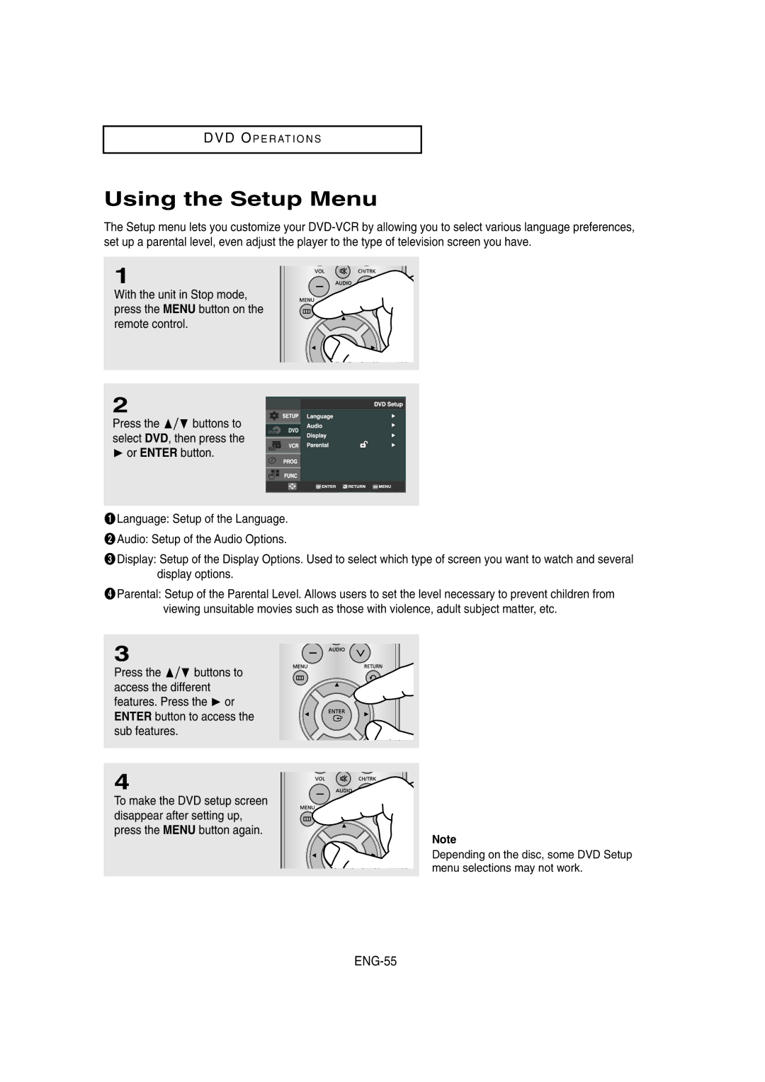 Samsung DVD-V8650 instruction manual Using the Setup Menu, ENG-55 