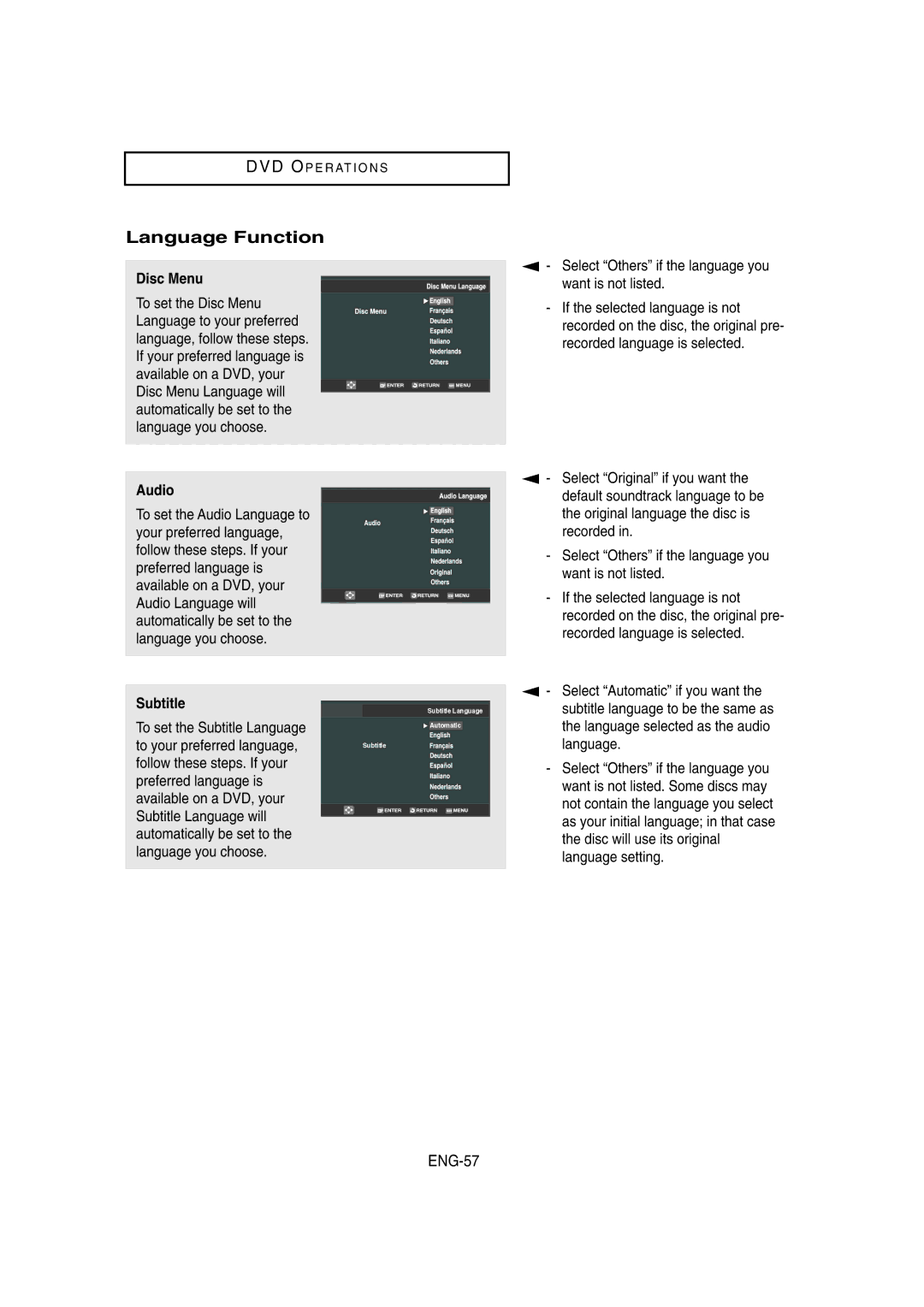 Samsung DVD-V8650 instruction manual Language Function, ENG-57, Disc Menu, Audio, Subtitle 