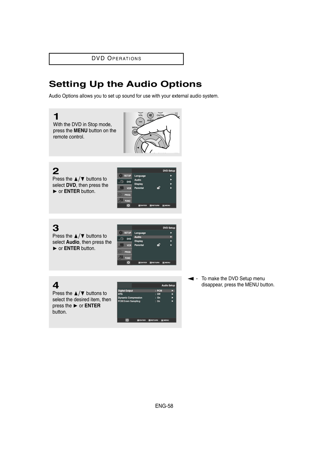 Samsung DVD-V8650 instruction manual Setting Up the Audio Options, ENG-58 