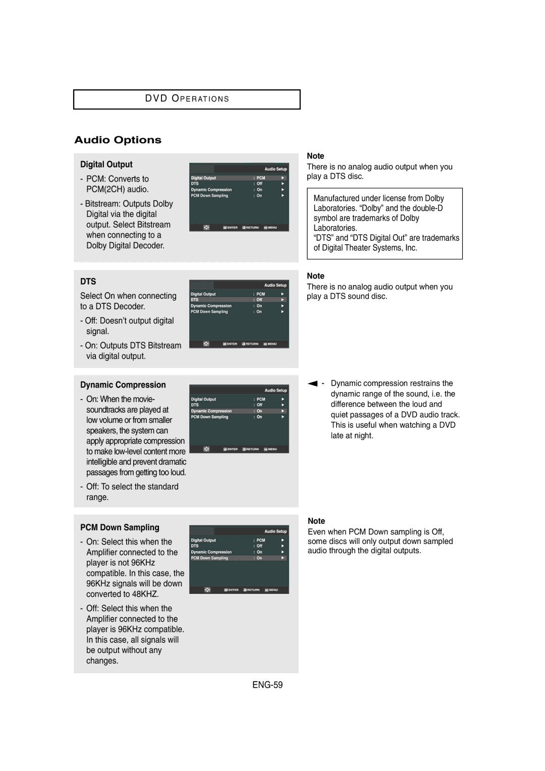 Samsung DVD-V8650 instruction manual Audio Options, ENG-59, Digital Output, Dynamic Compression, PCM Down Sampling 