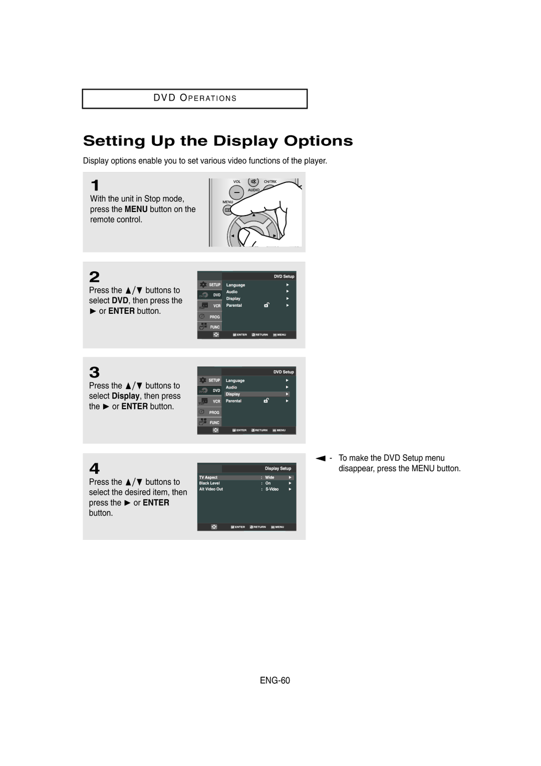 Samsung DVD-V8650 instruction manual Setting Up the Display Options, ENG-60 