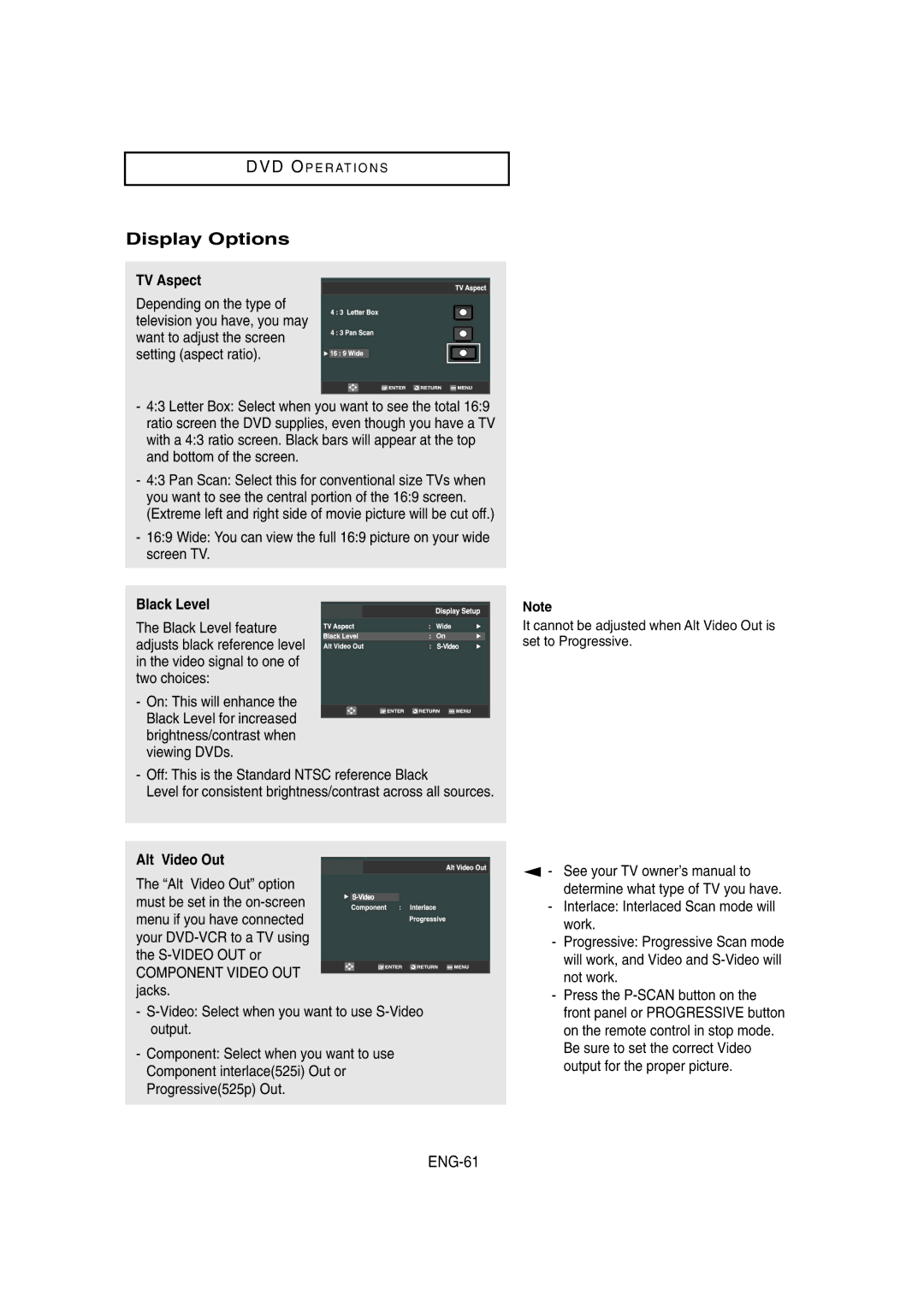 Samsung DVD-V8650 instruction manual Display Options, ENG-61, TV Aspect, Black Level, Alt Video Out 