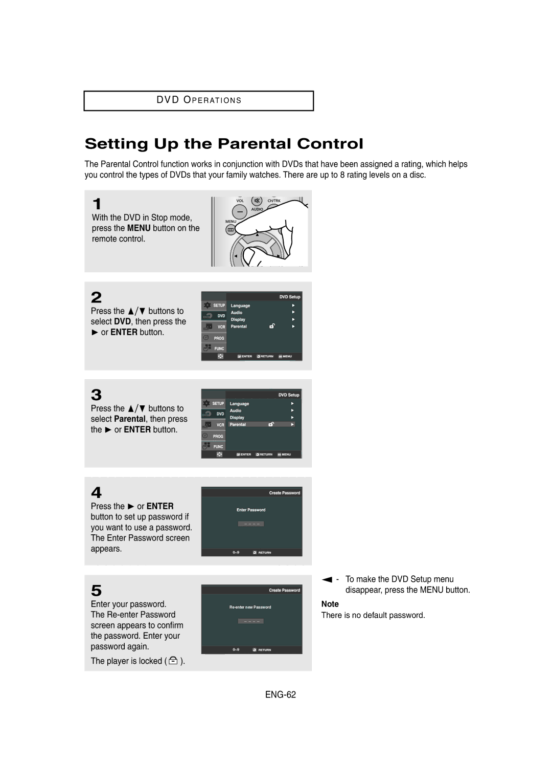 Samsung DVD-V8650 instruction manual Setting Up the Parental Control, ENG-62, Player is locked 