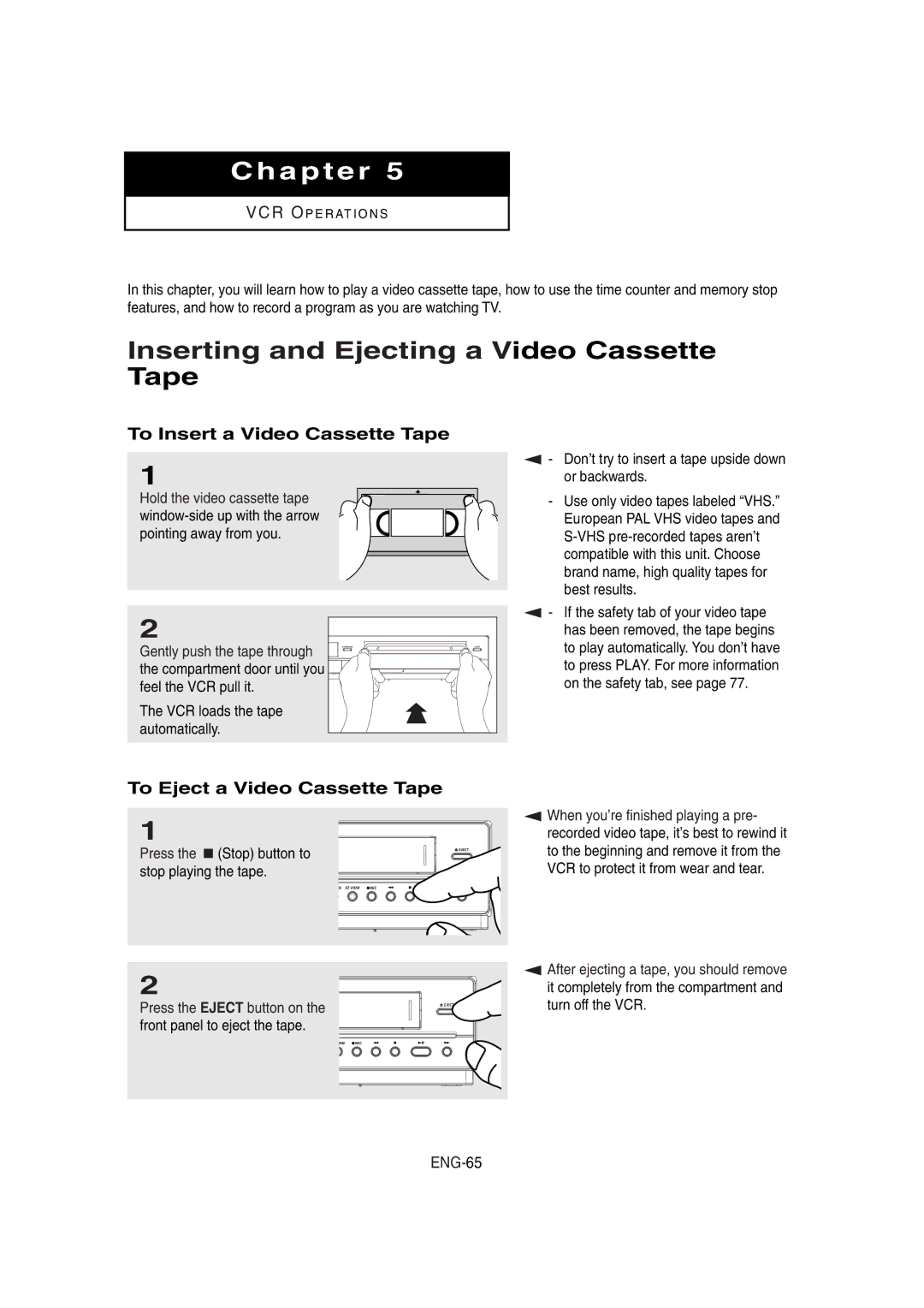 Samsung DVD-V8650 instruction manual Inserting and Ejecting a Video Cassette Tape, To Insert a Video Cassette Tape, ENG-65 