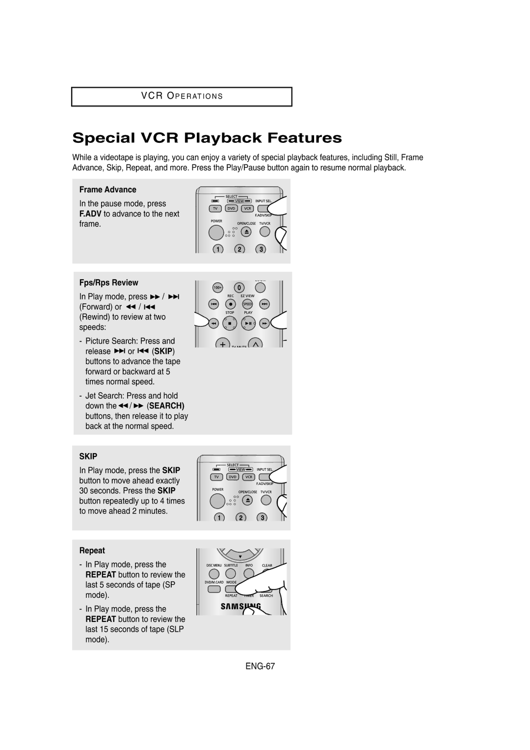 Samsung DVD-V8650 instruction manual Special VCR Playback Features, ENG-67, Frame Advance, Fps/Rps Review, Repeat 