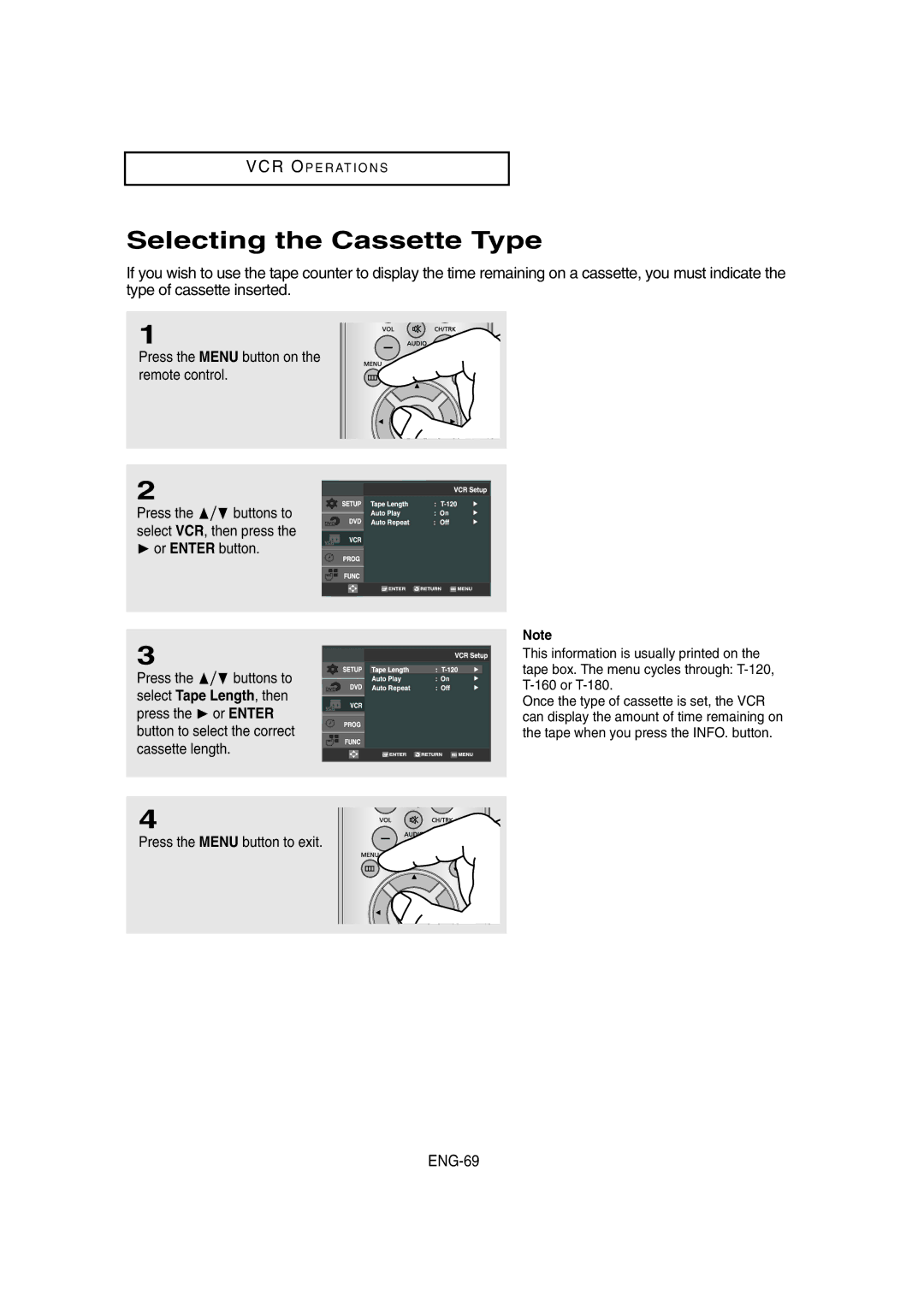 Samsung DVD-V8650 Selecting the Cassette Type, ENG-69, Press the Menu button on the remote control,  or Enter button 