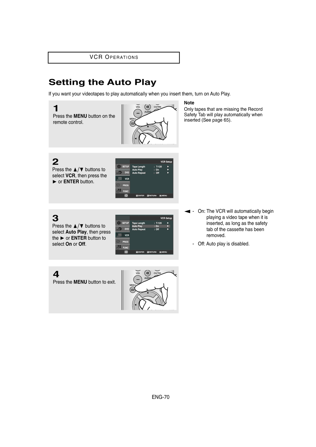 Samsung DVD-V8650 instruction manual Setting the Auto Play, ENG-70 