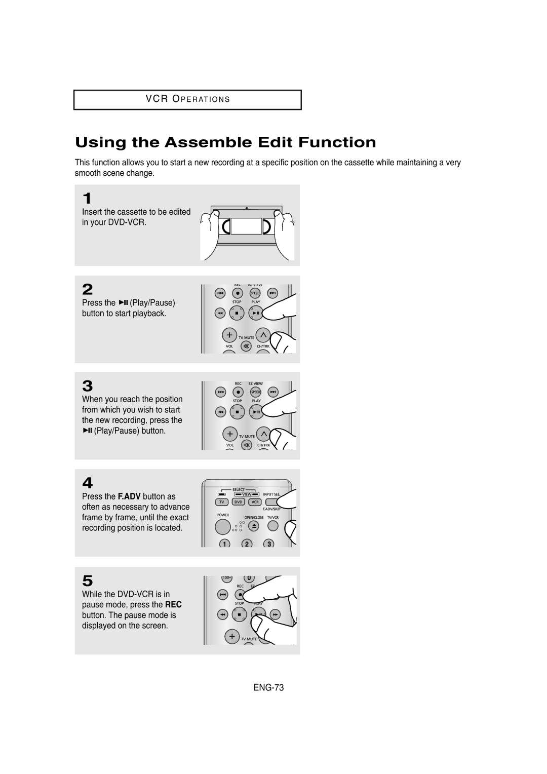 Samsung DVD-V8650 instruction manual Using the Assemble Edit Function, ENG-73 