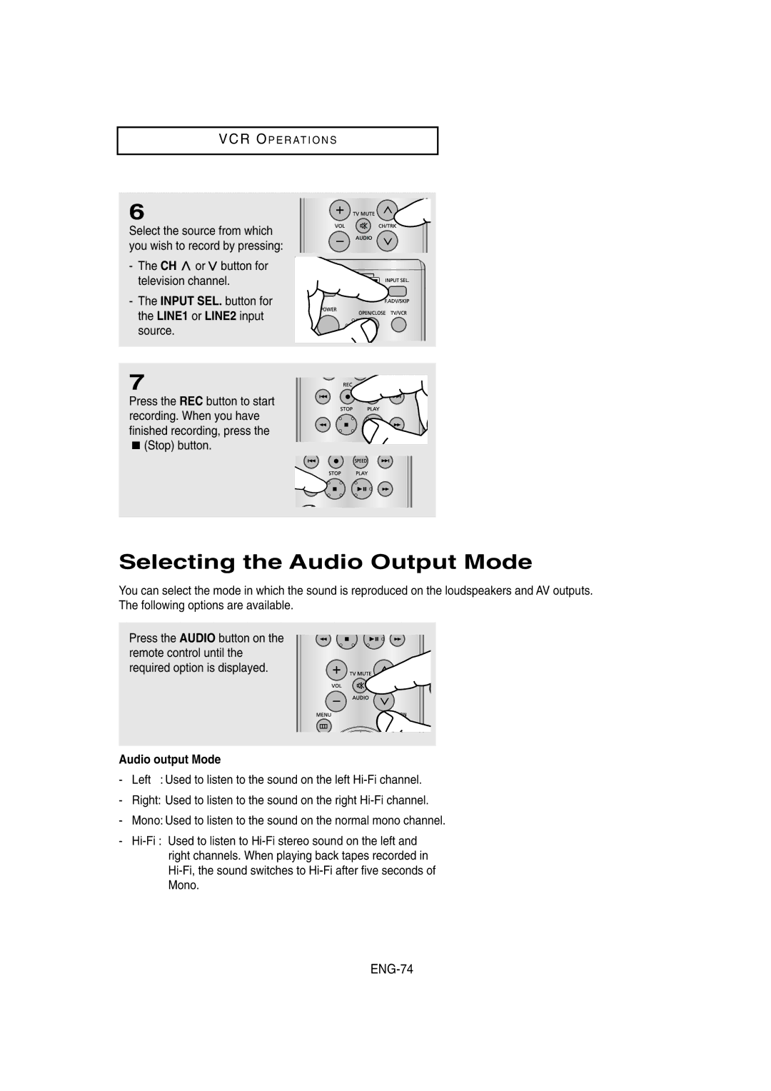 Samsung DVD-V8650 instruction manual Selecting the Audio Output Mode, ENG-74, Audio output Mode 