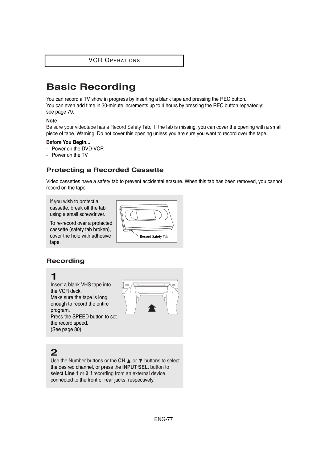 Samsung DVD-V8650 instruction manual Basic Recording, Protecting a Recorded Cassette, ENG-77, Before You Begin 