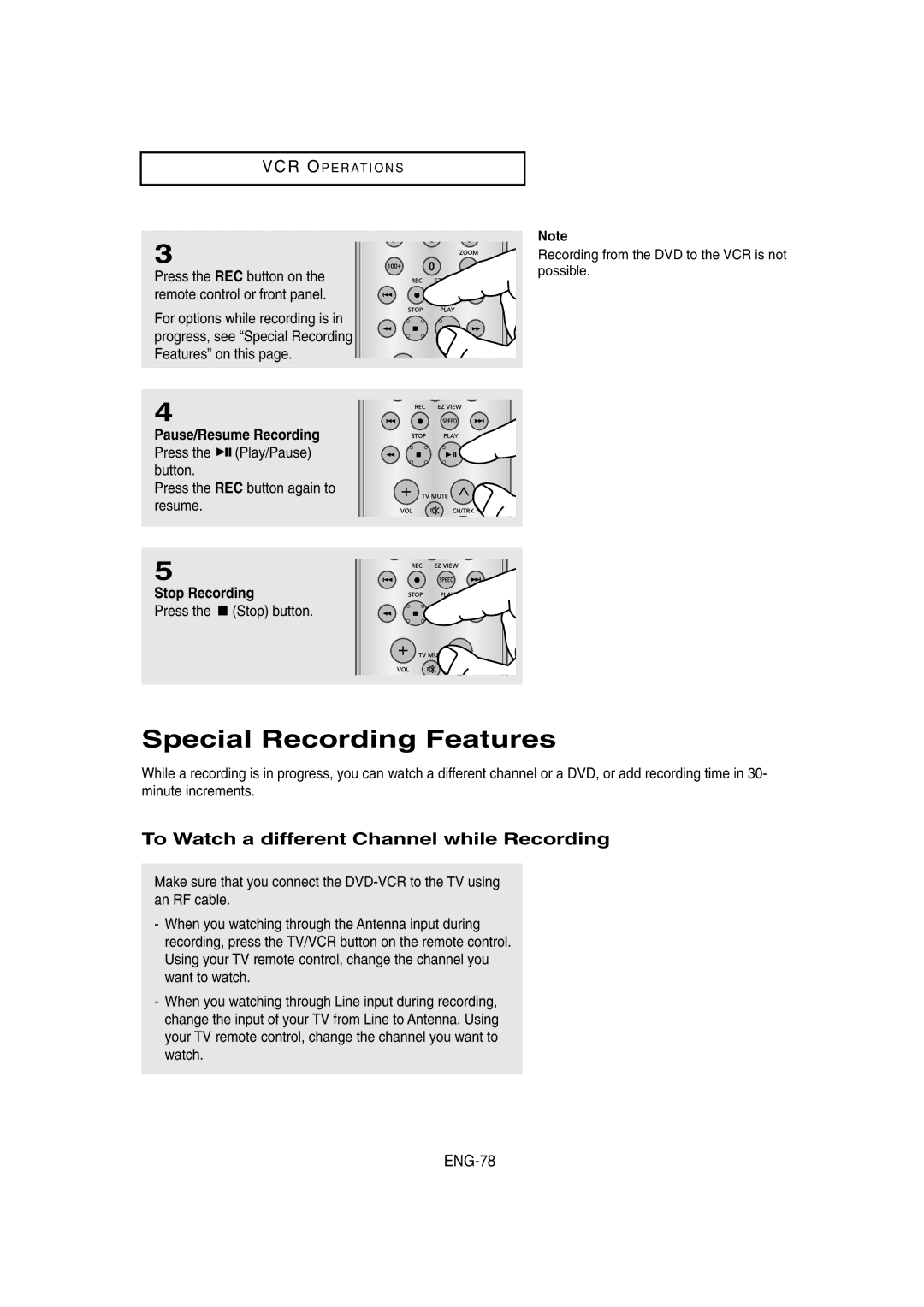 Samsung DVD-V8650 Special Recording Features, To Watch a different Channel while Recording, ENG-78, Stop Recording 