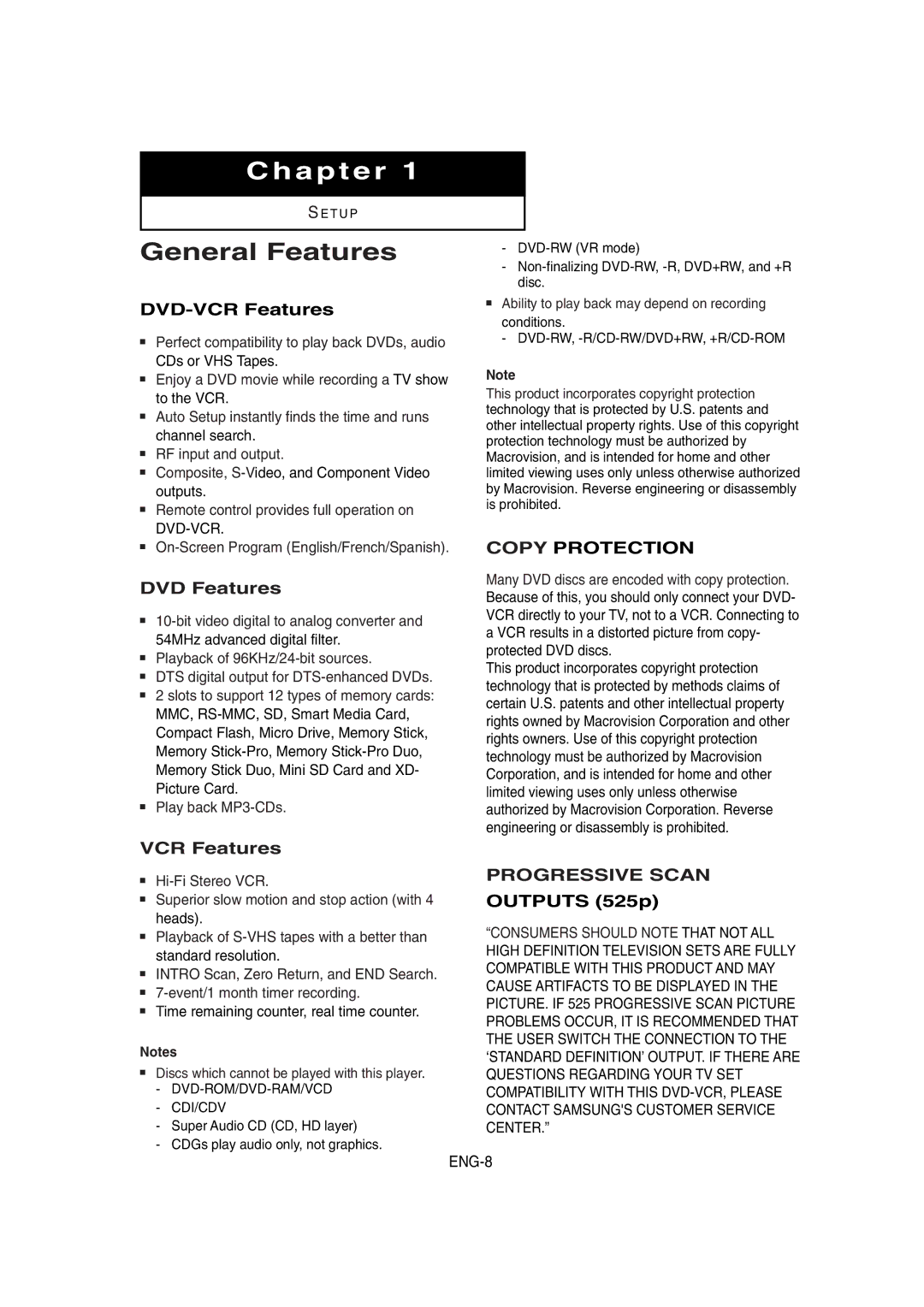 Samsung DVD-V8650 instruction manual General Features, DVD-VCR Features, DVD Features, Outputs 525p 