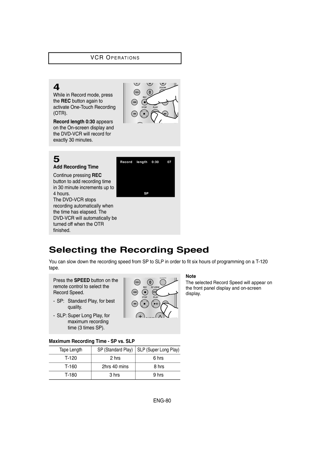 Samsung DVD-V8650 Selecting the Recording Speed, ENG-80, Add Recording Time, Maximum Recording Time SP vs. SLP, Hrs 