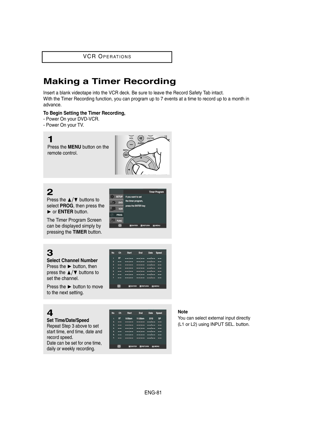 Samsung DVD-V8650 Making a Timer Recording, ENG-81, To Begin Setting the Timer Recording, Set Time/Date/Speed 