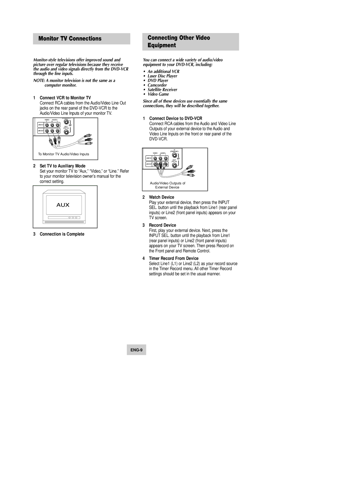 Samsung DVD-V9090 instruction manual Monitor TV Connections, Connecting Other Video Equipment 