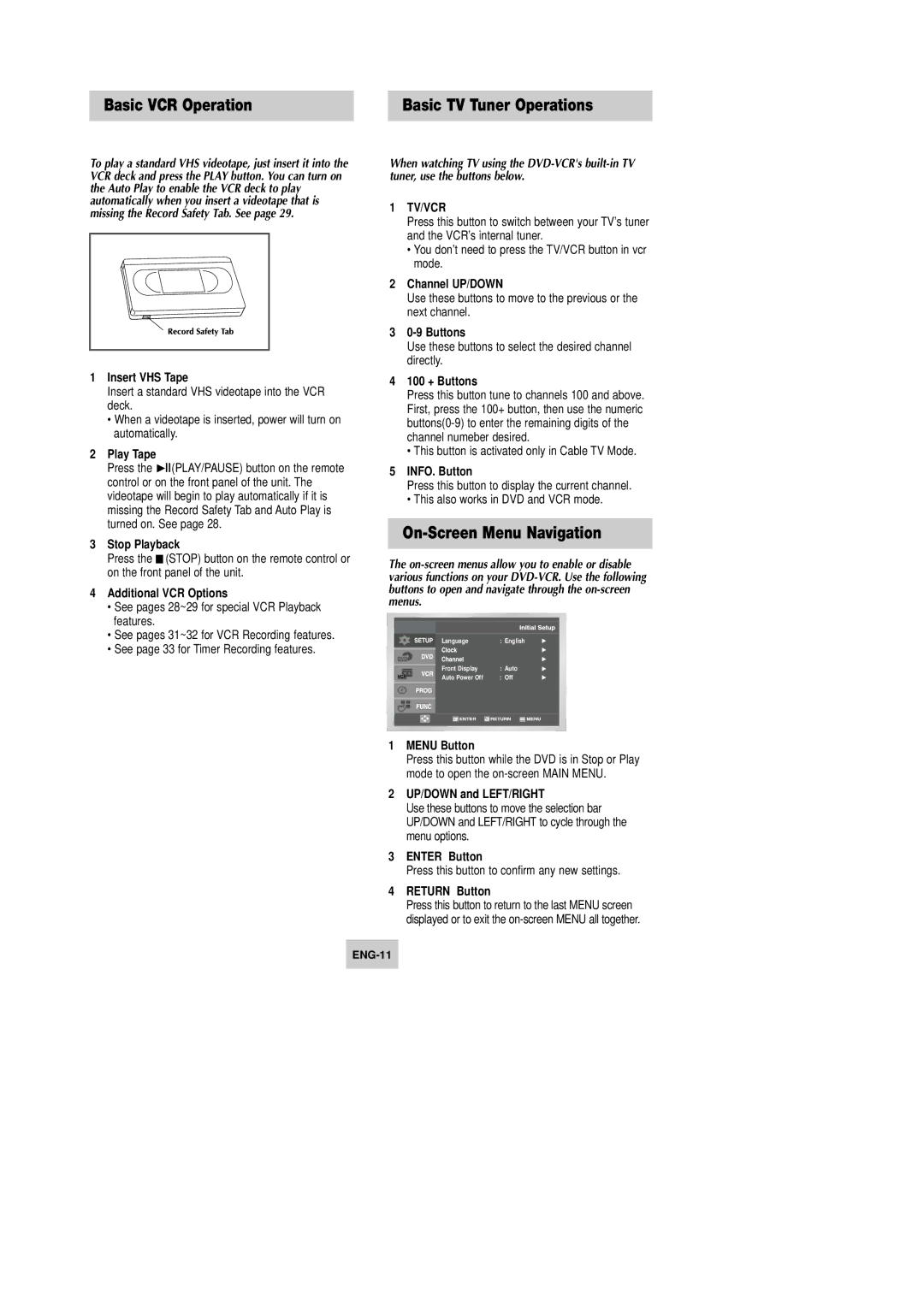 Samsung DVD-V9090 instruction manual Basic VCR Operation, Basic TV Tuner Operations, On-Screen Menu Navigation 