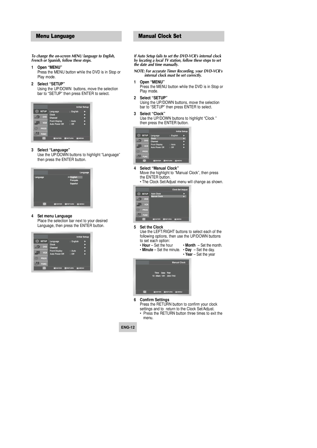 Samsung DVD-V9090 instruction manual Menu Language, Manual Clock Set 