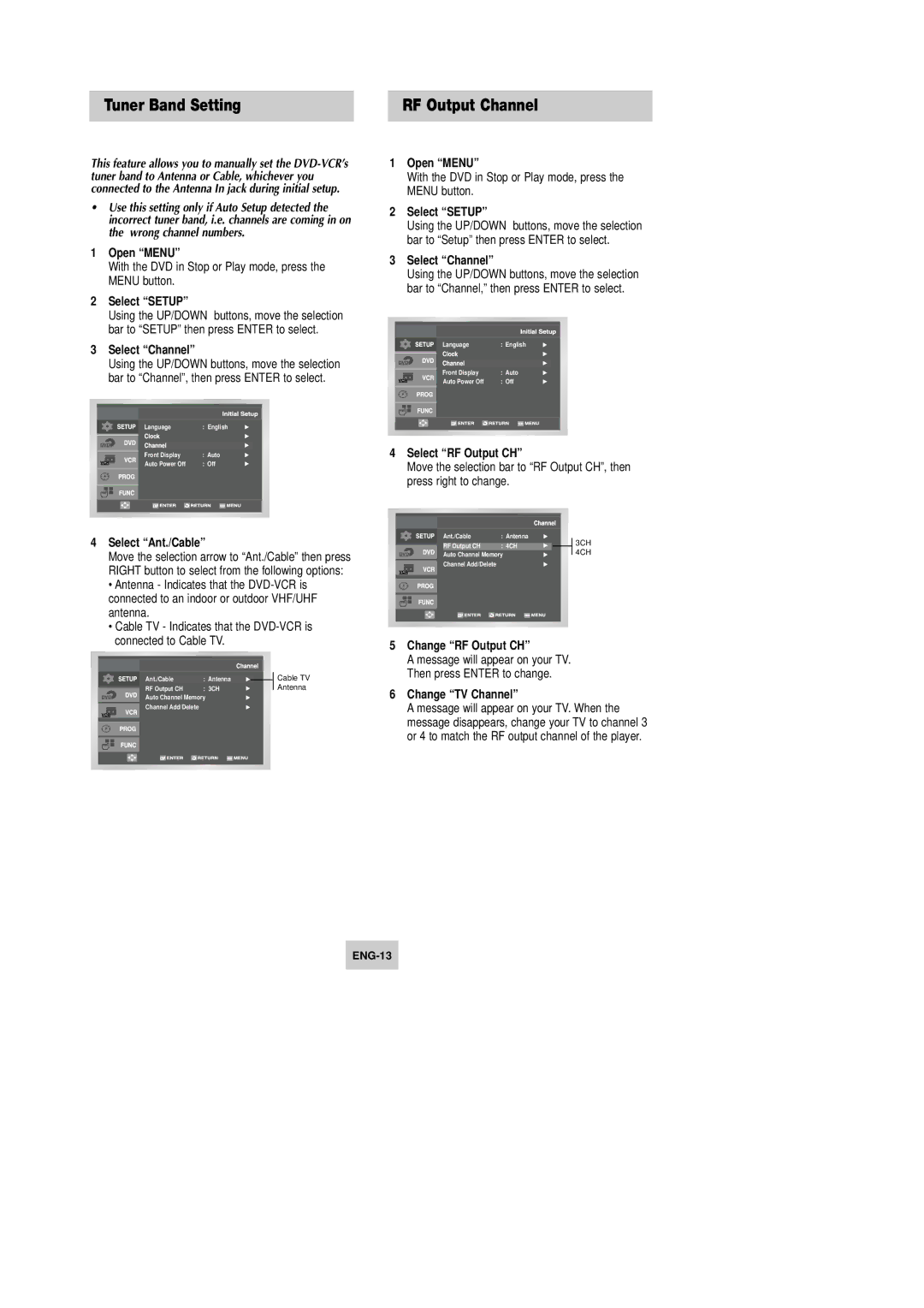 Samsung DVD-V9090 instruction manual Tuner Band Setting, RF Output Channel 