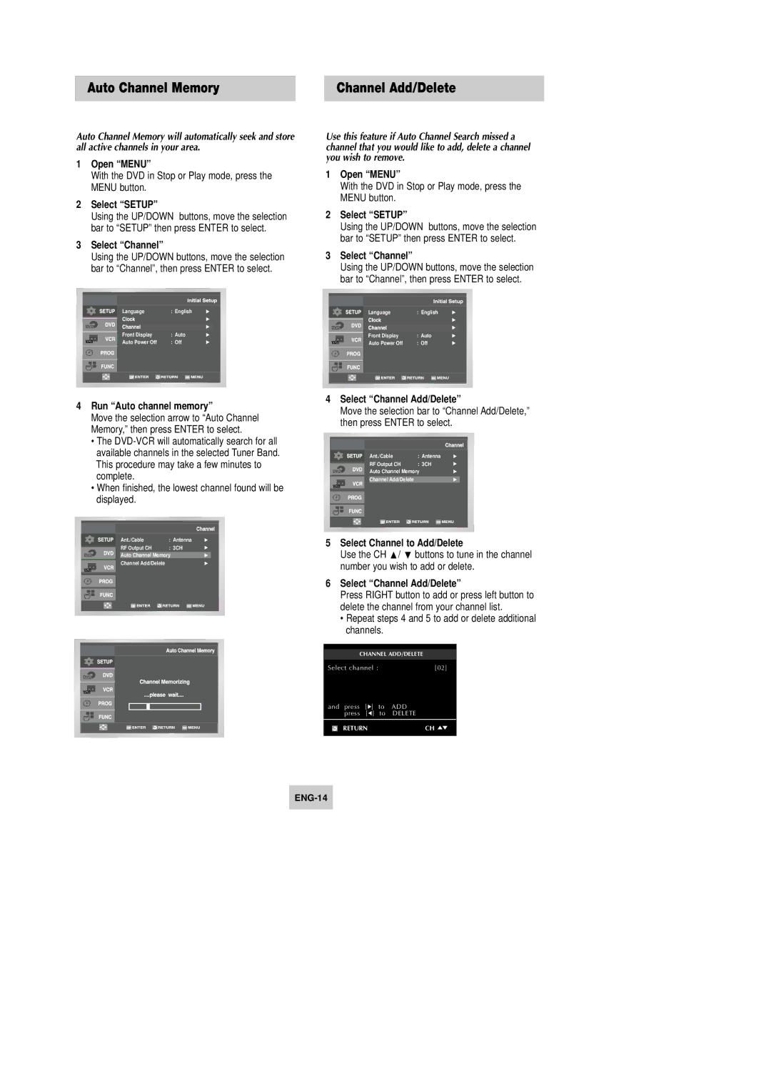 Samsung DVD-V9090 instruction manual Auto Channel Memory, Run Auto channel memory, Select Channel Add/Delete 