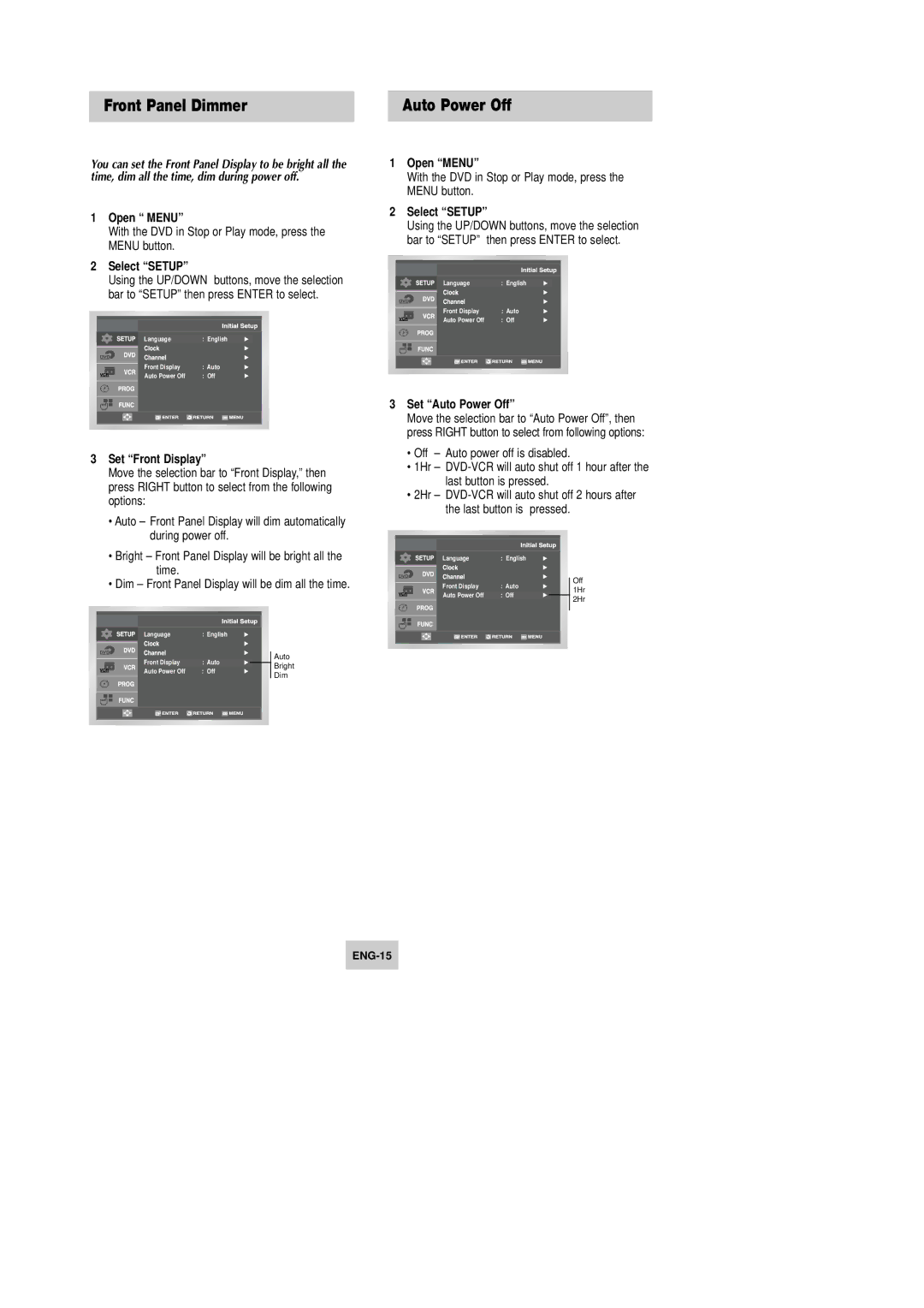 Samsung DVD-V9090 instruction manual Front Panel Dimmer, Set Front Display, Set Auto Power Off 