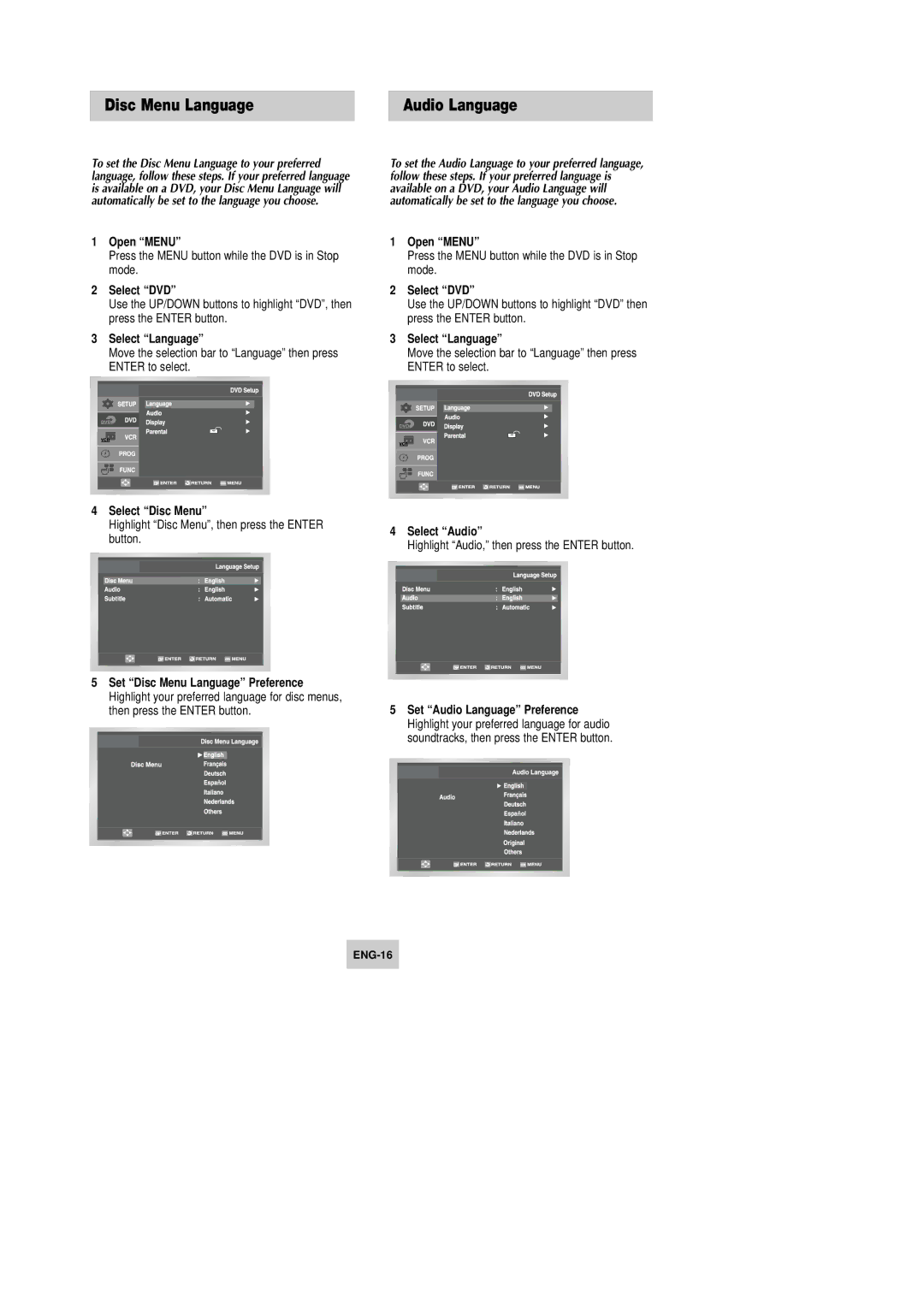 Samsung DVD-V9090 instruction manual Disc Menu Language, Audio Language, Select DVD, Select Disc Menu, Select Audio 