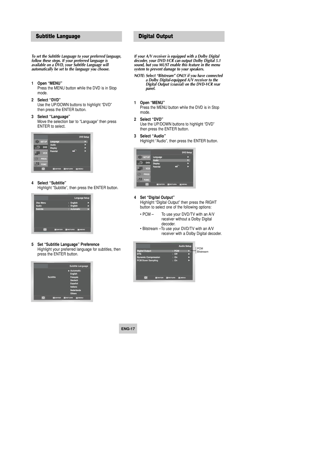 Samsung DVD-V9090 instruction manual Select Subtitle, Set Subtitle Language Preference, Set Digital Output 