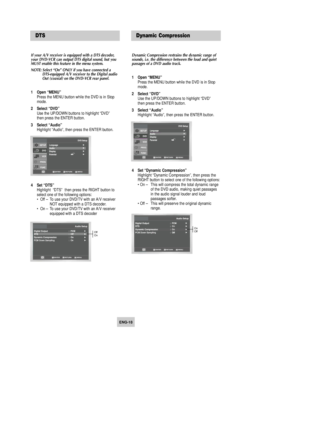 Samsung DVD-V9090 instruction manual Set DTS, Set Dynamic Compression 