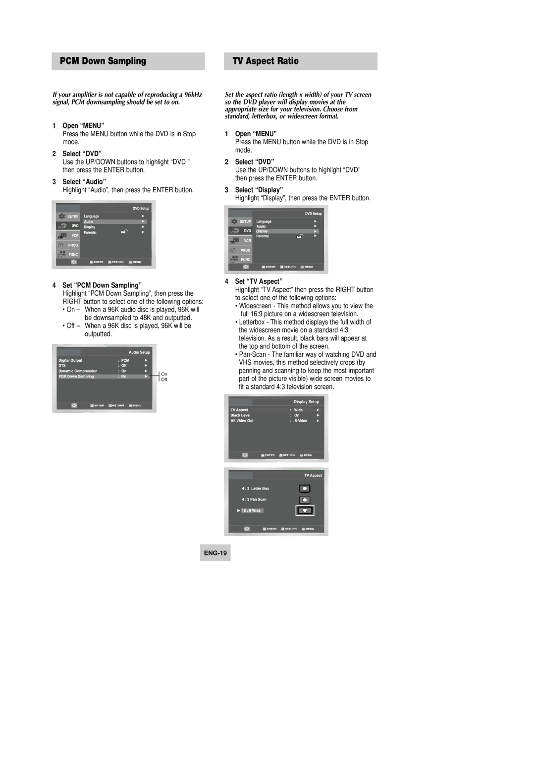 Samsung DVD-V9090 instruction manual TV Aspect Ratio, Set PCM Down Sampling, Select Display, Set TV Aspect 