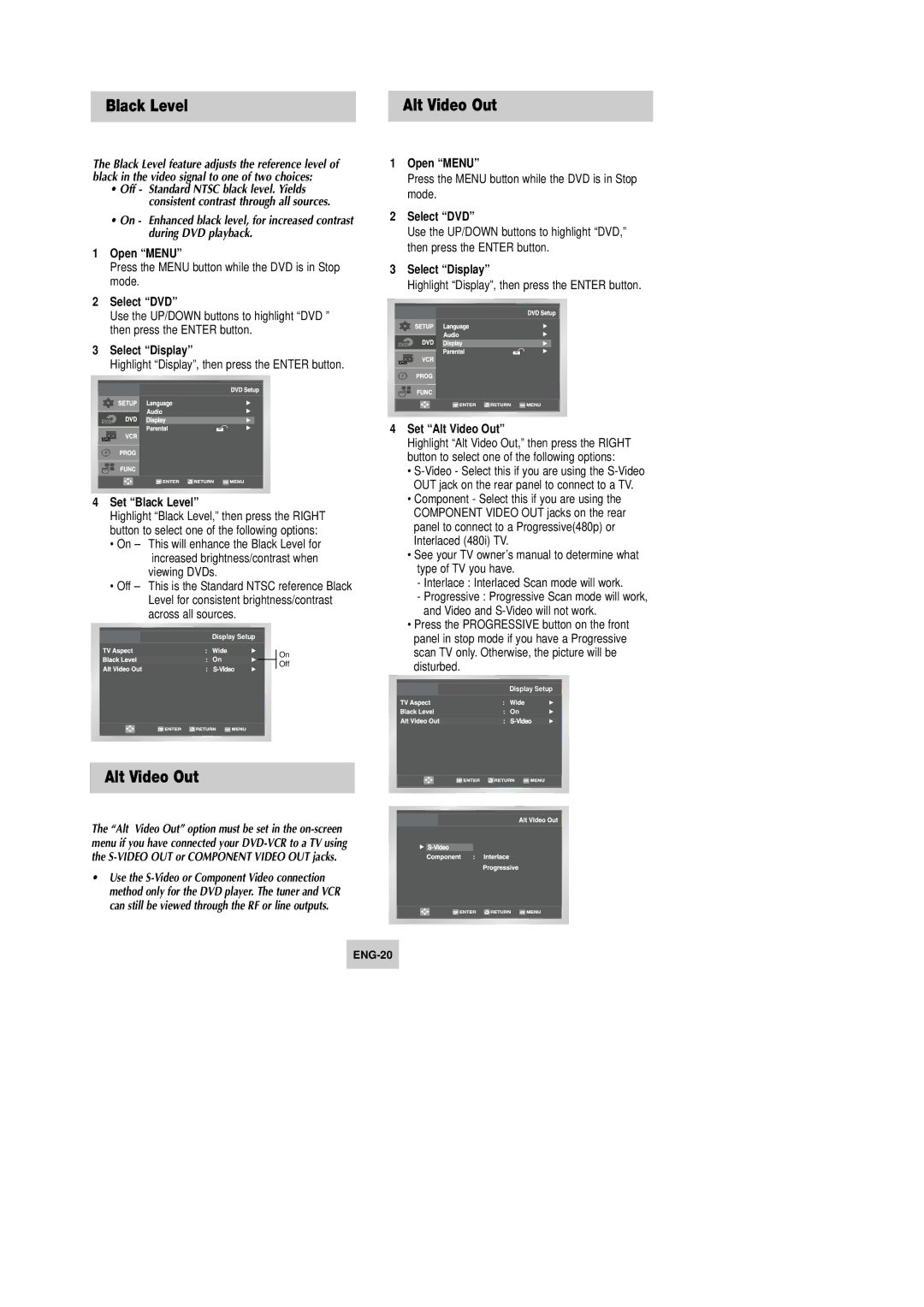 Samsung DVD-V9090 instruction manual Set Black Level, Set Alt Video Out 