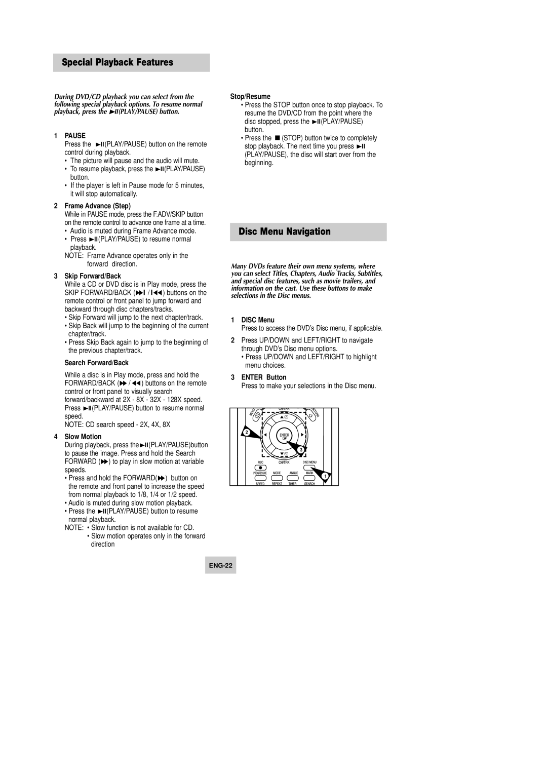 Samsung DVD-V9090 instruction manual Special Playback Features, Disc Menu Navigation 