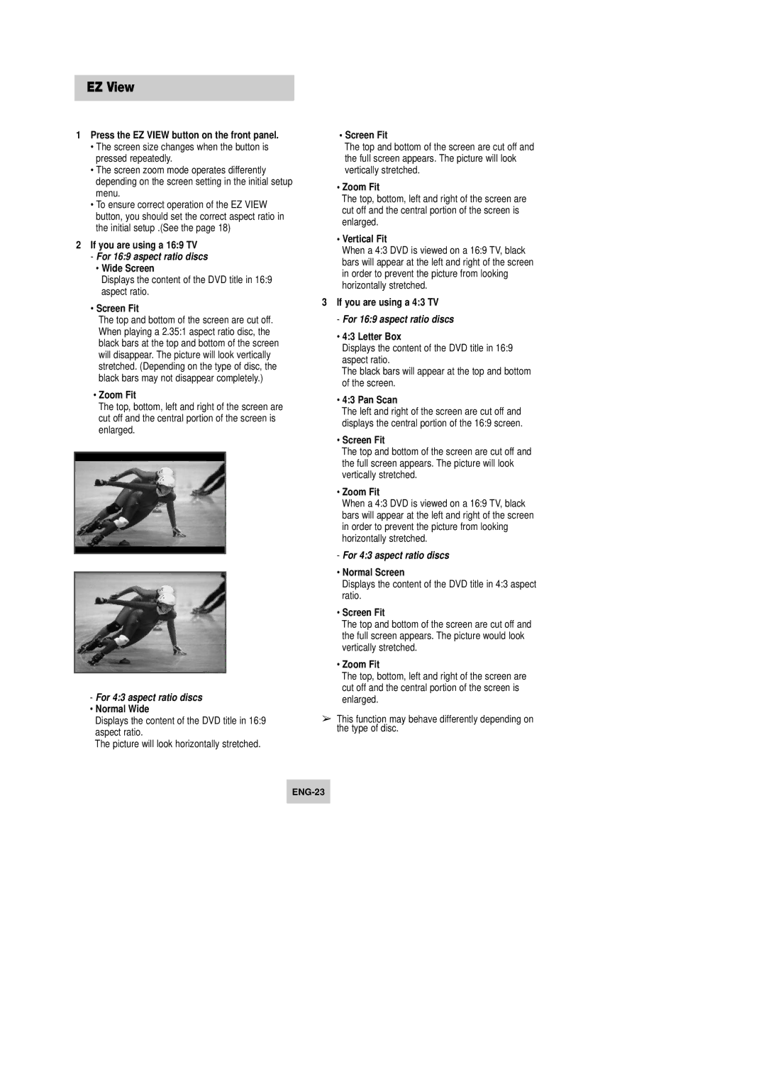 Samsung DVD-V9090 instruction manual EZ View, For 169 aspect ratio discs, For 43 aspect ratio discs 