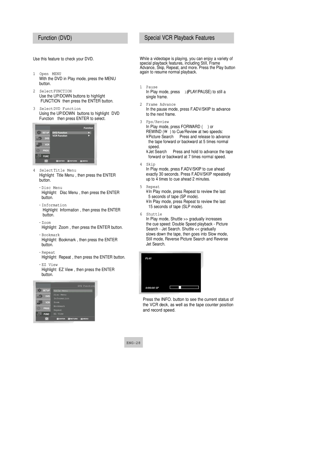 Samsung DVD-V9090 instruction manual Function DVD, Special VCR Playback Features, Use this feature to check your DVD 