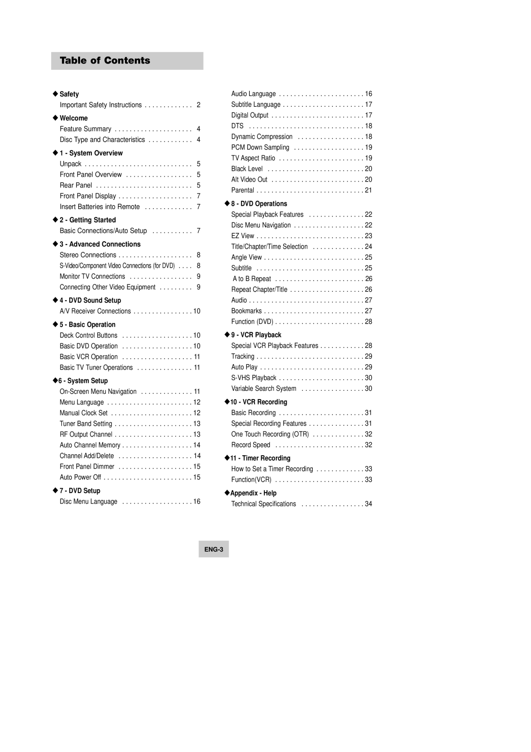 Samsung DVD-V9090 instruction manual Table of Contents 