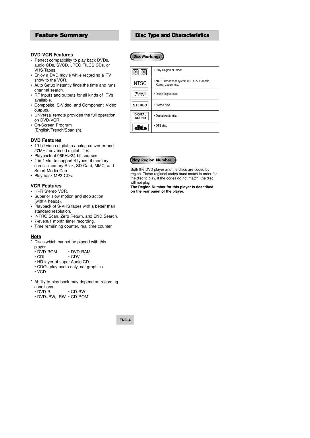 Samsung DVD-V9090 instruction manual Feature Summary, Disc Type and Characteristics, DVD-VCR Features, DVD Features 