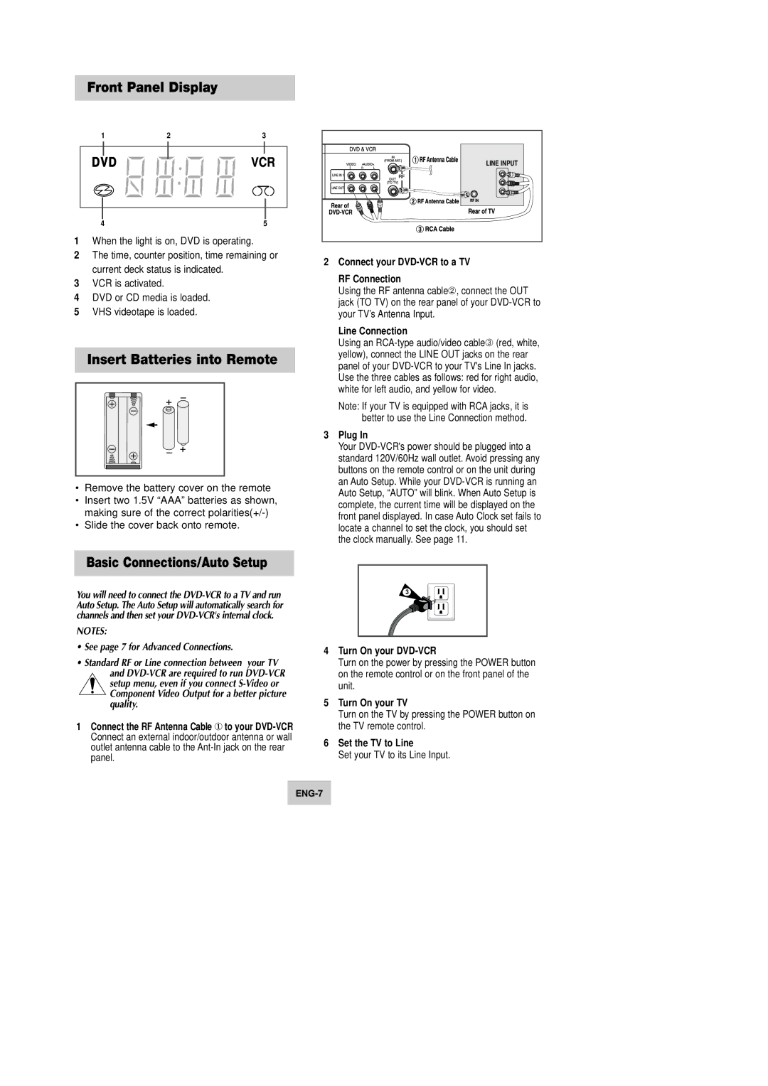 Samsung DVD-V9090 instruction manual Front Panel Display, Insert Batteries into Remote, Basic Connections/Auto Setup 